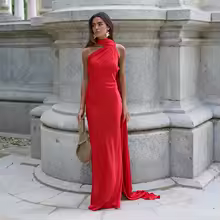 Wedding Guest Dresses Ribbon Halter Off Shoulder Maxi Dress - Red