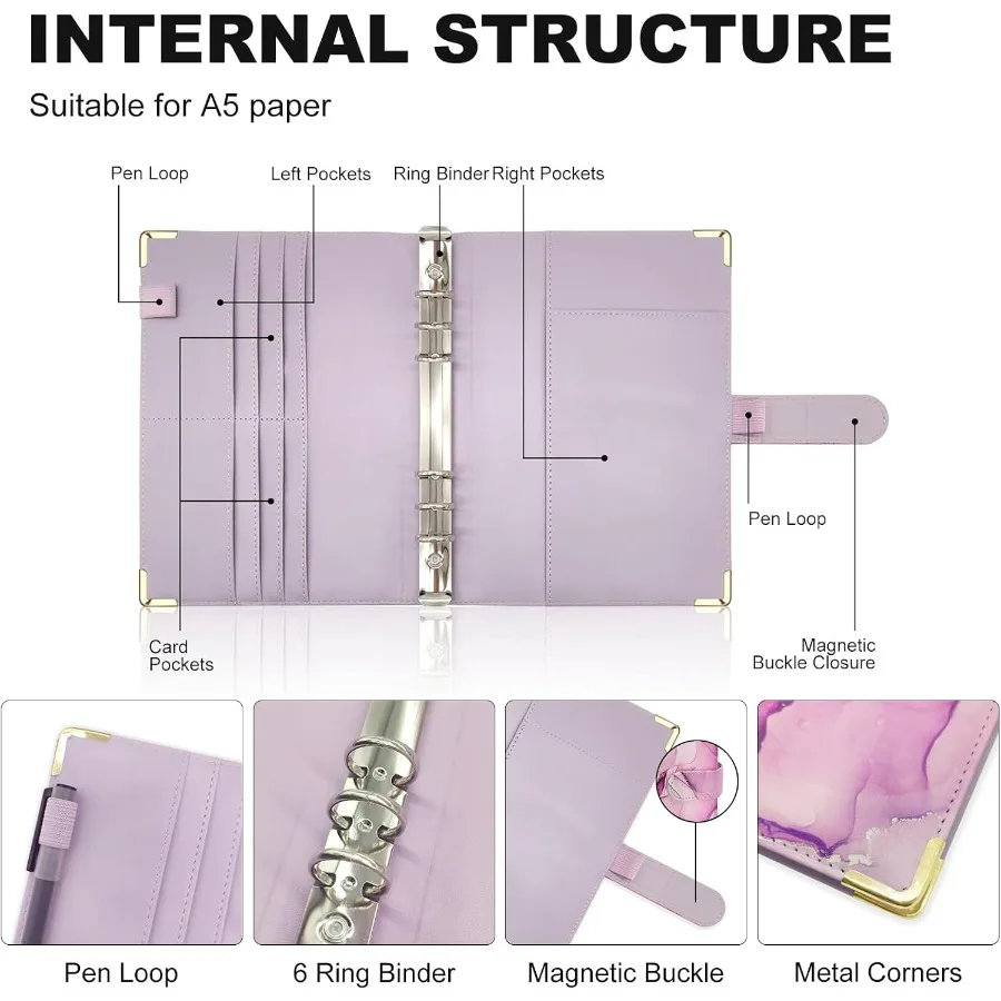 A5 Refillable 6 Ring Faux Leather Budget BinderMini Notebook Binder Cover for A5 Filler Paper Loose Leaf Peol Planner Cover wit