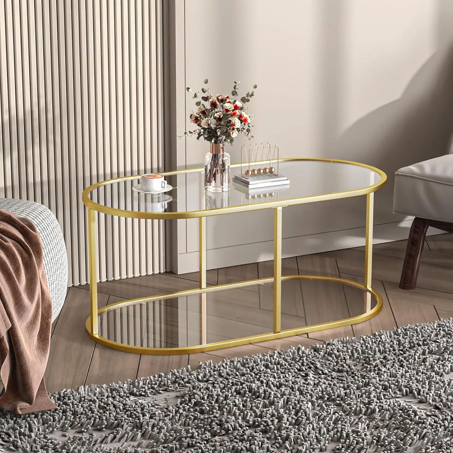 Coffee Table Gold Glass Coffee Table For Living Room,2 Tiers Oval Center Table With Sturdy Metal Frame,Modern Tempered Glass