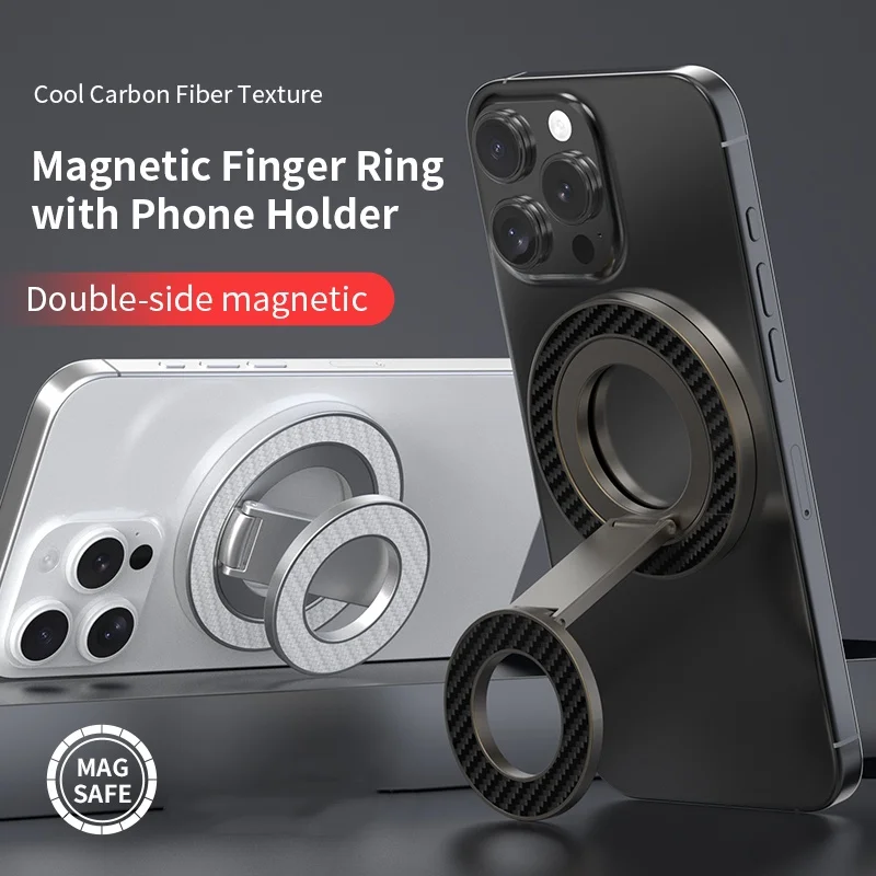 Carbon Fiber Double Sided Magnetic Phone Ring Holder for MagSafe Magnetic Cell Phone Grip Stand for iPhone 12-16 Series