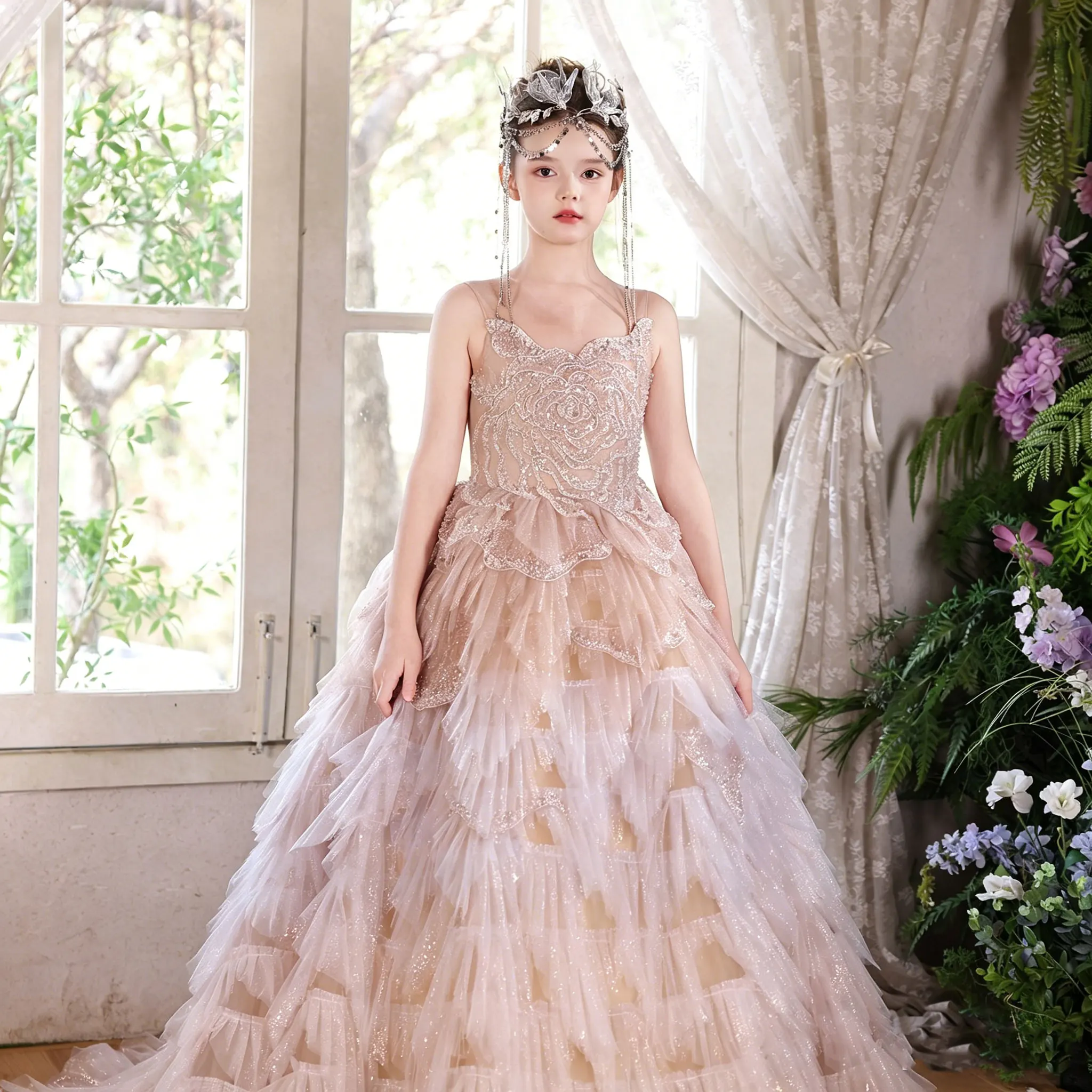 Jill Wish J004 Luxury Champagne Glitter Tulle Flower Girl Dress Princess Wedding Pageant Birthday Gown for Little Girls Elegant