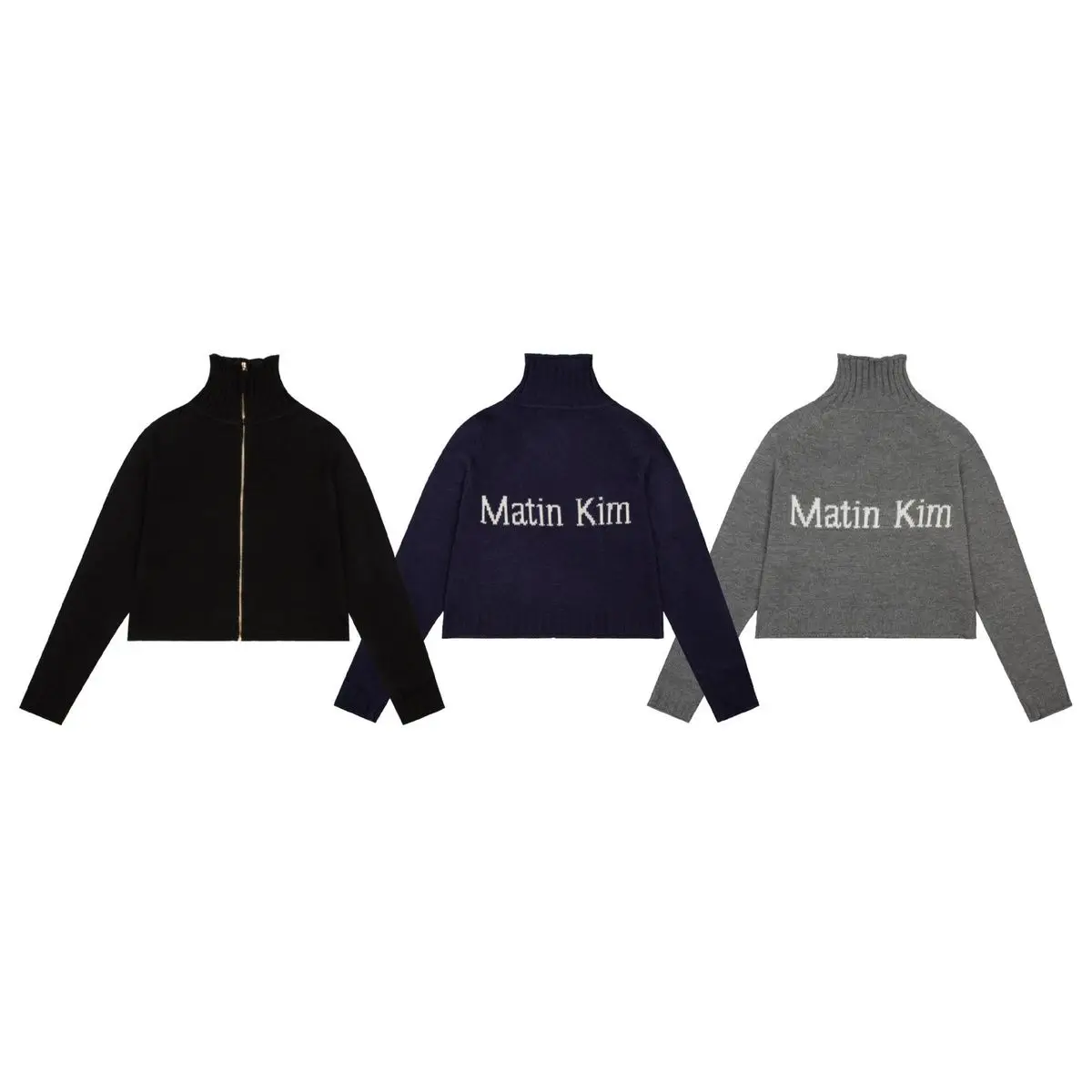Matin Kim Back Logo Jacquard Knit Zip Up High Neck Fall Winter Casual Unisex