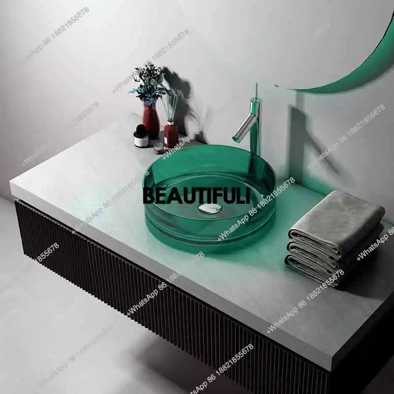 Modern minimalist round transparent countertop basin, light luxury style colored resin art washbasin, for homestay,hotel YX464KO