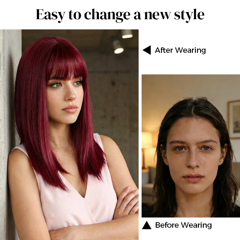 Peruca Sintética Longa Ondulada Borgonha Vinho Colorida para Cosplay Lolita com Franja para Mulheres Cabelo Afro Natural Resistente ao Calor
