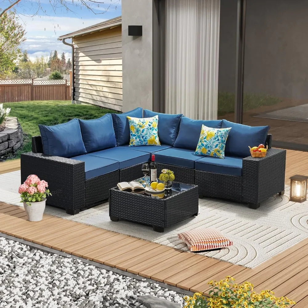 

6 Pieces Patio Furniture Set All-Weather Outdoor Wicker Sectional Conversation Sofa Rattan Patio Seating Sofa with Cushion and G