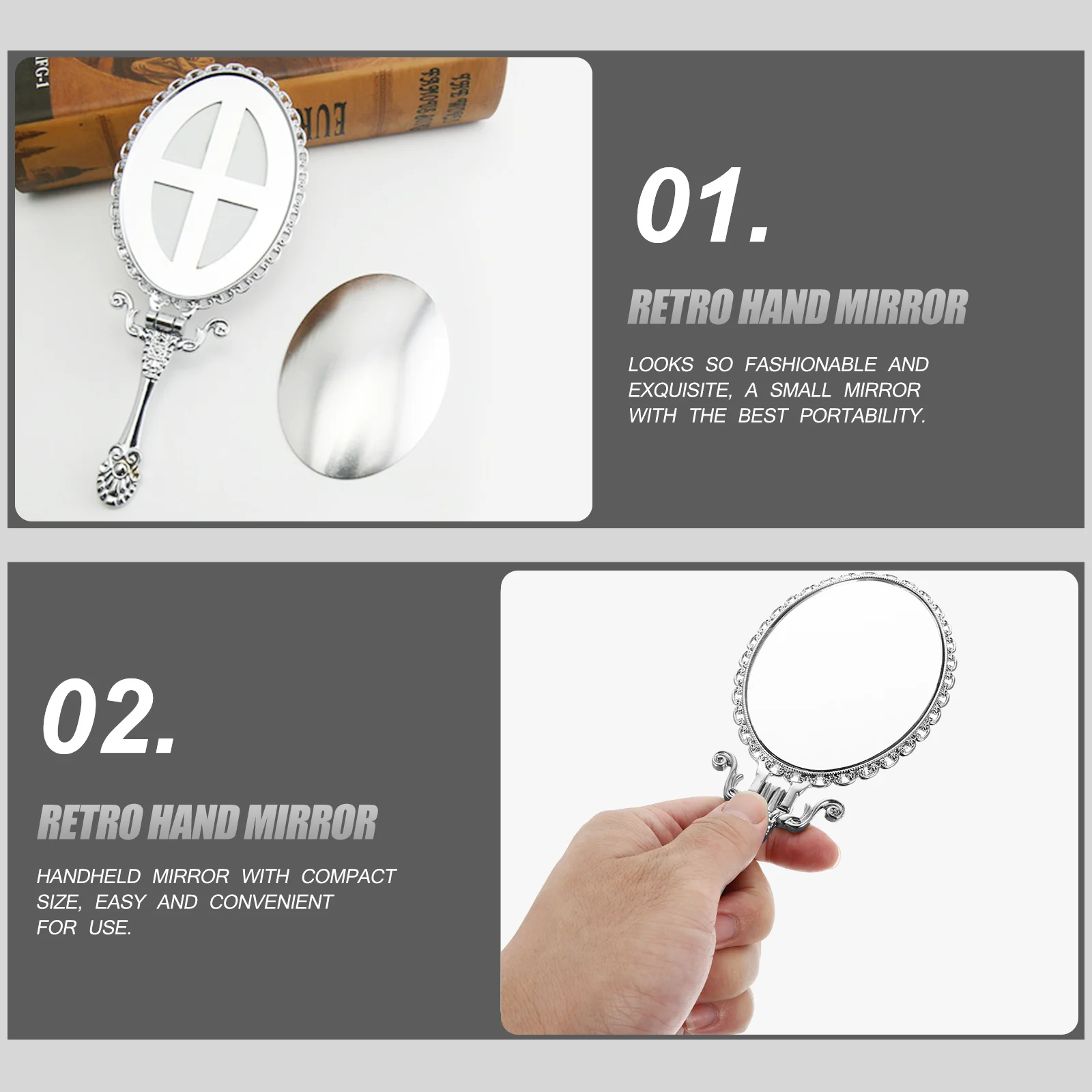 Hand-Make-up-Spiegel, kompakt, Retro-Metall-Design, tragbar, für Reisen, Camping, Badezimmer, Friseur, kleiner Spiegel mit Griff