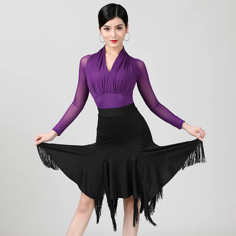 Women Latin Dance Costume Adult Female Performance Sexy One-piece Tops Stage Performance Ballroom Samba Dancing Practice Skirt