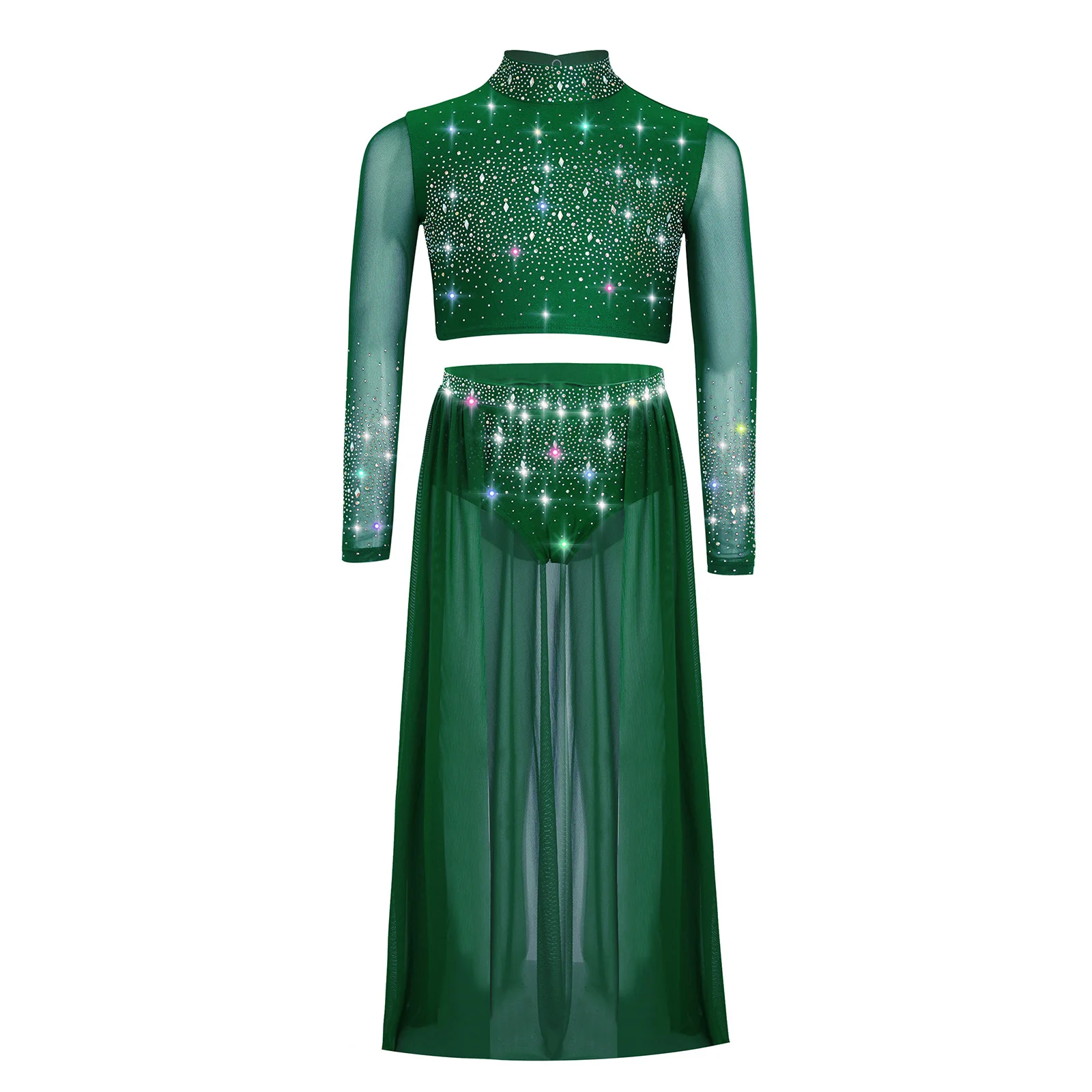 ชุดเต้นรำลีริคอลสำหรับเด็กผู้หญิง ชุดโมเดิร์นประดับคริสตัล เสื้อครอปท็อปพร้อมกระโปรง ชุดรัดรูปสำหรับฟิกเกอร์สเก็ต การเต้นร่วมสมัย และการแสดง