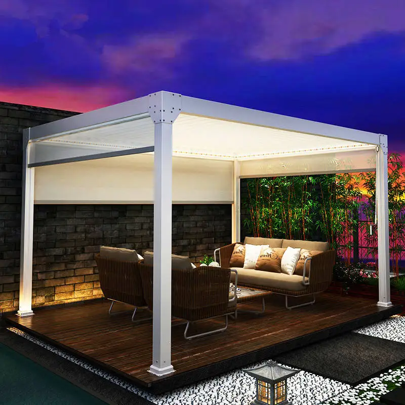 Suitable for Backyard Use Pavilion with LED Lights and Blinds Intelligent Electric Controlled Pergola Outdoor Leisure Gazebo