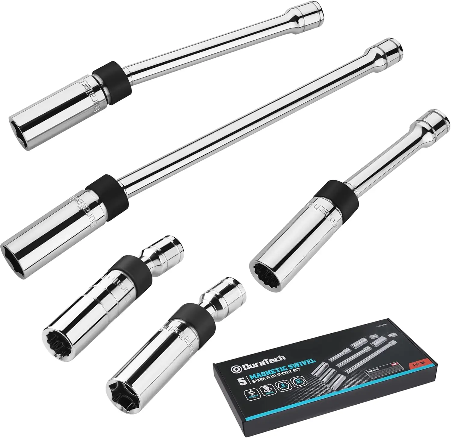 

5PCS Swivel Magnetic Spark Plug Socket Set, 3/8" Drive Thin Wall Sockets with Multiple Sizes, Cr-V Steel