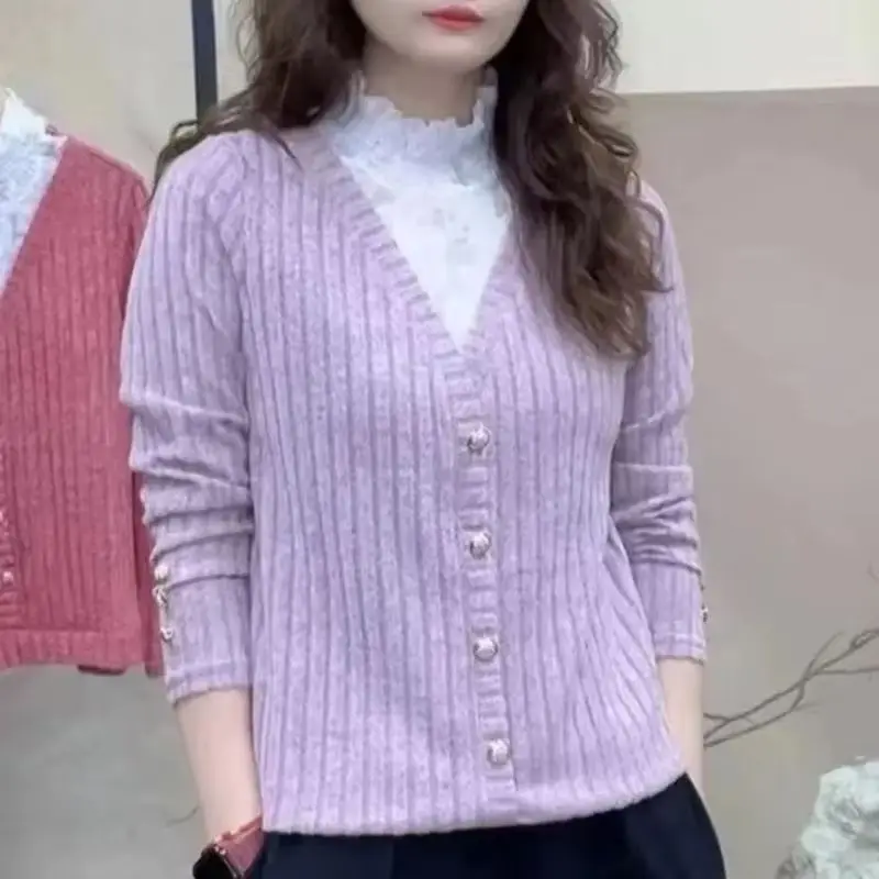 

2025New Spring Autumn Fake Two Pullover Sweaters Women's Lace Semi-High Collar Bottoming Shirt Catching Splicing Knitwear Female