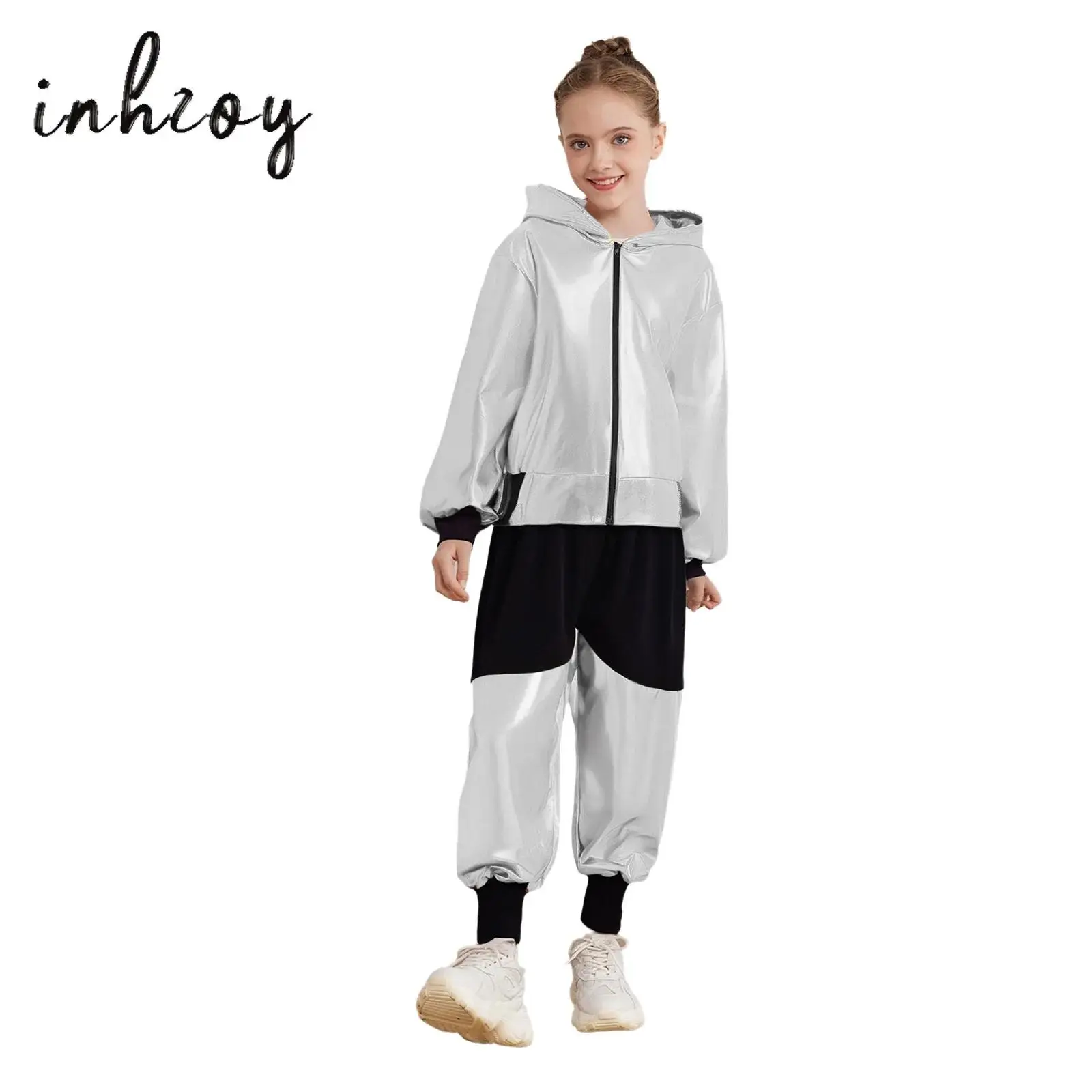 

Kids Girls Boys Hip-Hop Jazz Dance Costume Outfit Long Sleeve Zipper Metallic Hooded Jacket with Pants Set Fashion Streetwear