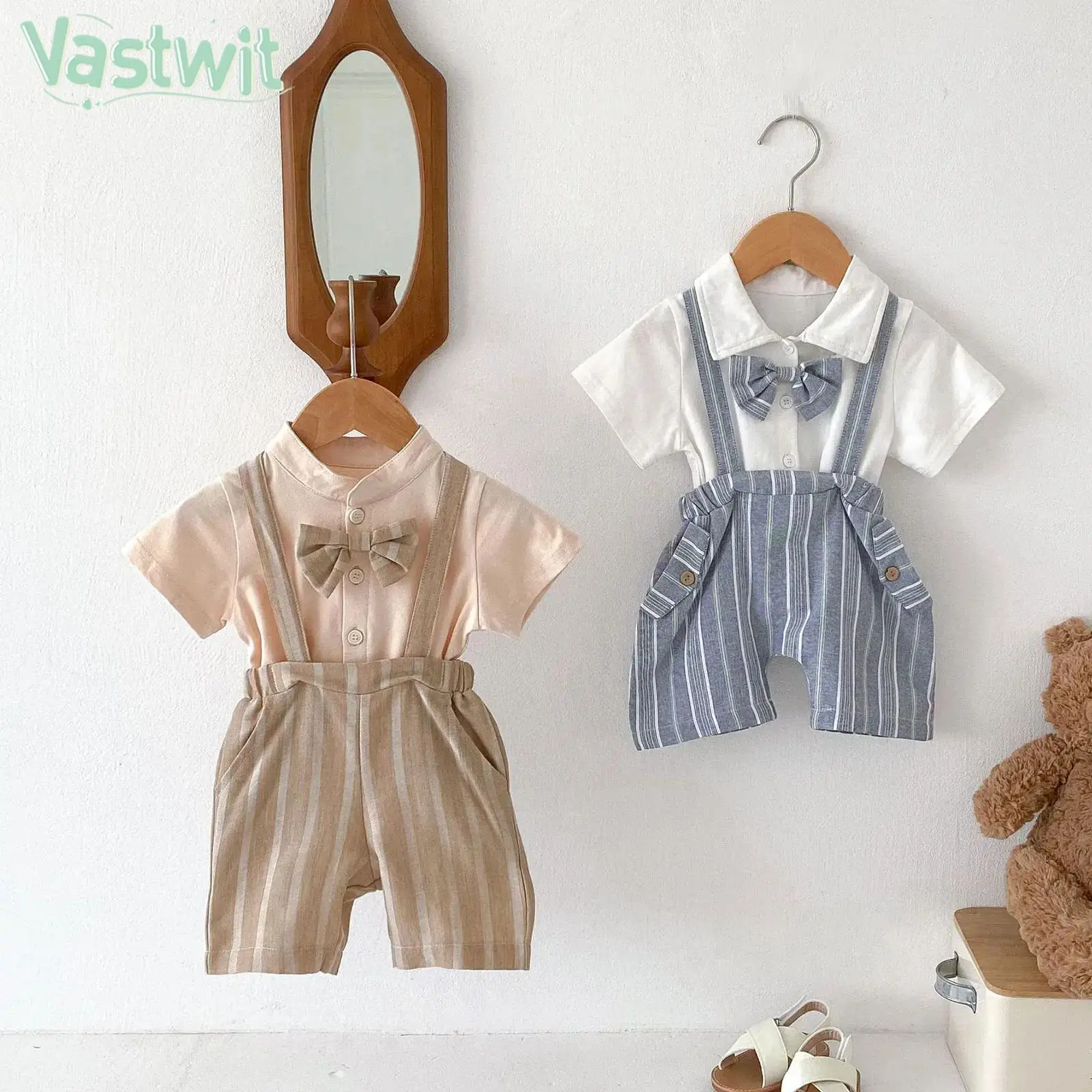 

Baby Boys Gentleman Suit Baptism Birthday Wedding Party Photography Costume Short Sleeve Bowtie Tops with Suspenders Shorts Set
