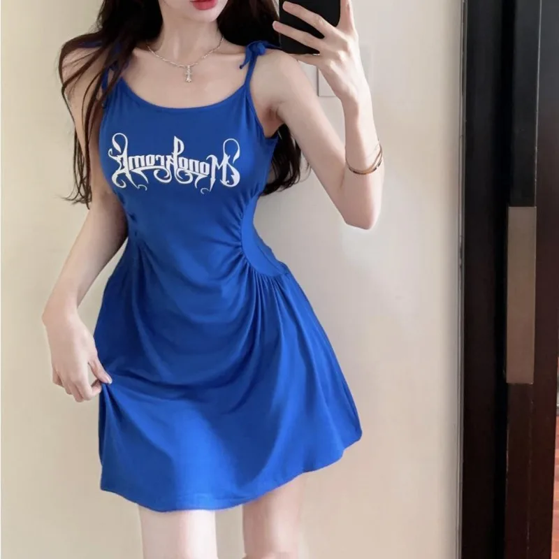 

Oversized Women's Dopamine Dress Sweet Spicy Girl Sexy Pleated Waist Letter Strap A-line Skirt Korean Summer Suspender Dress