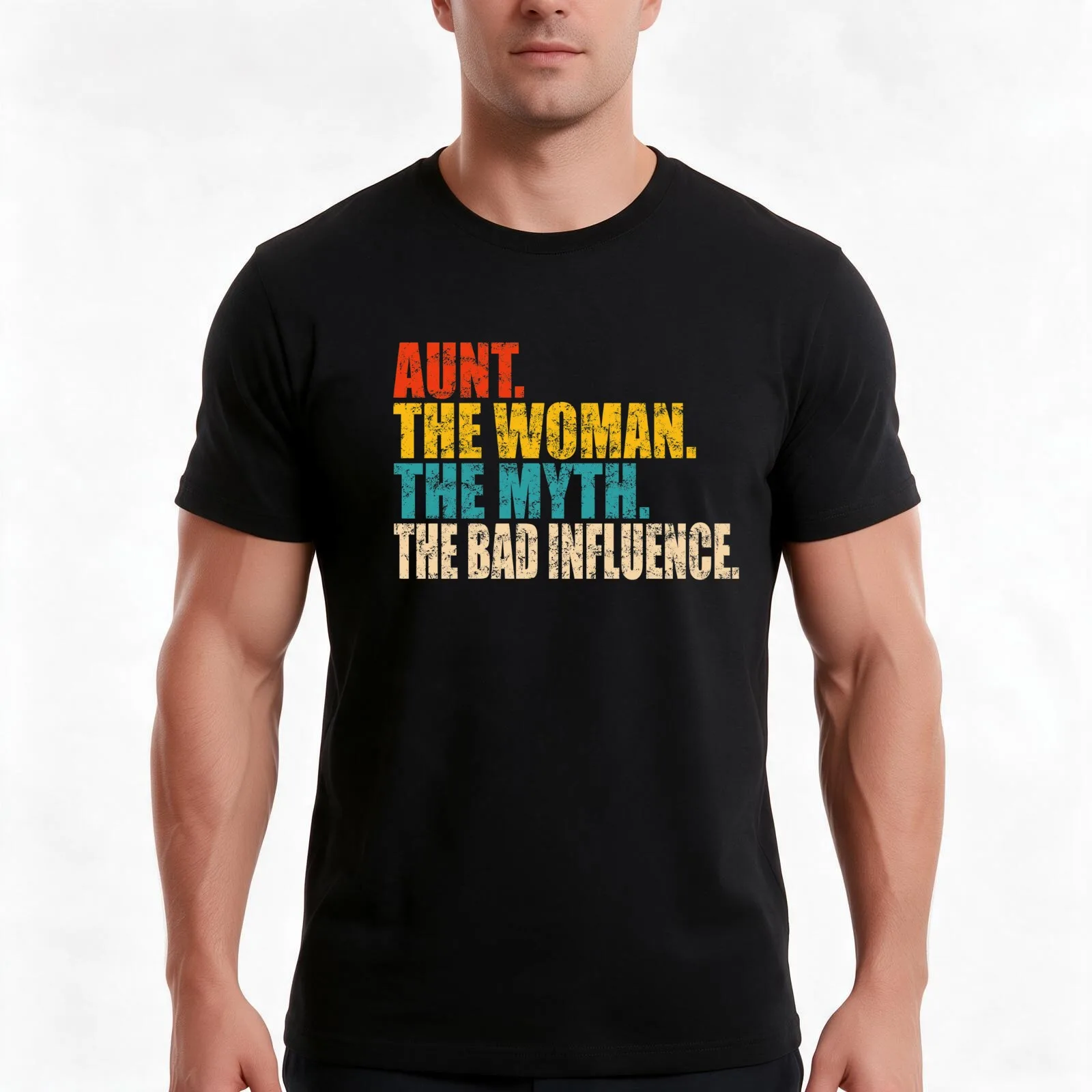 The Woman The Myth The Bad Influence Funny Aunt. T-Shirt, Summer Casual Cotton Tee, Oversized Streetwear Tops, Unisex Men Women