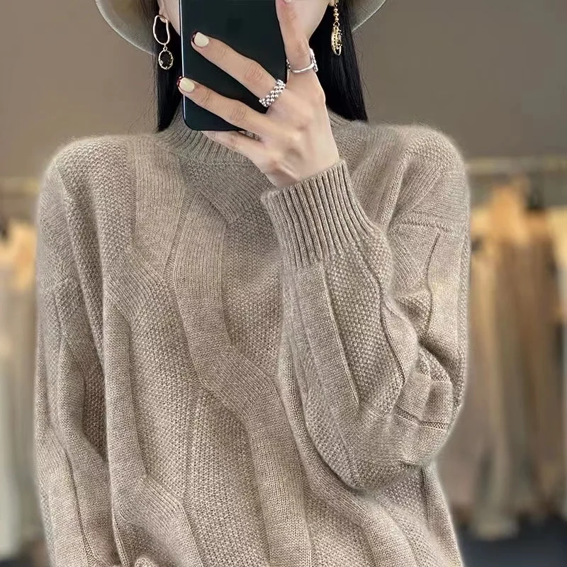 2024 Autumn and Winter New Thick Cashmere Sweater Women Half  Turtleneck Pullover Sweater Warm Loose Knitted Sweater Tops