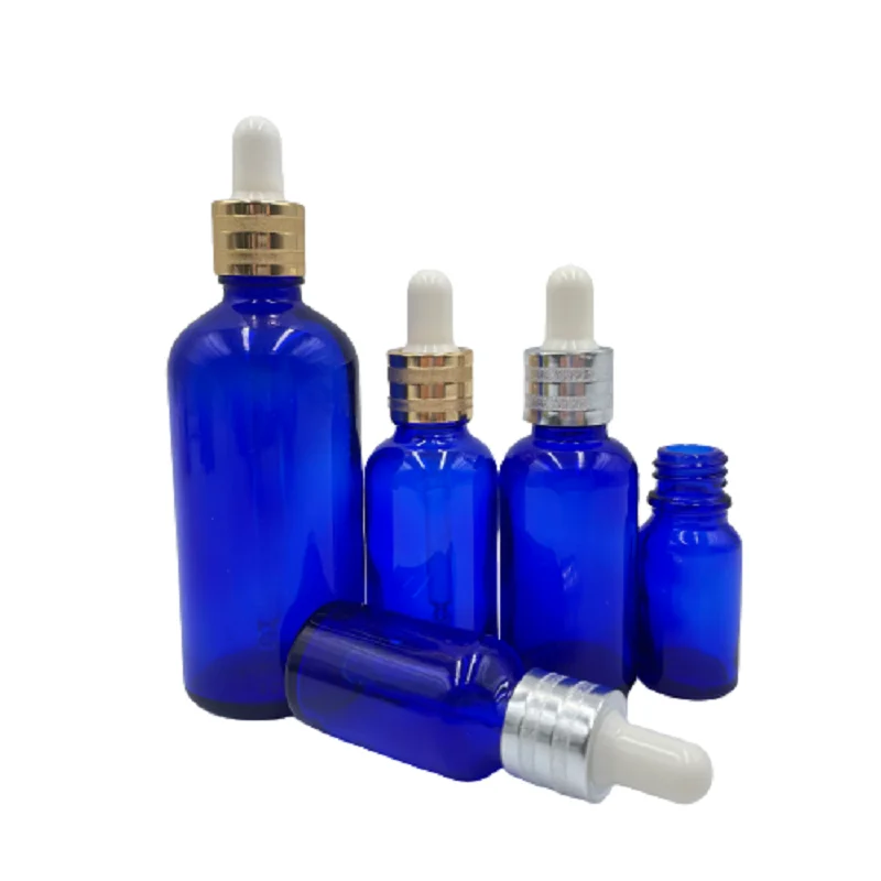 

5~100ml Essential Oil Dropper Bottle Gulch Gold Silver Lid Aromatherapy Drop Pipette Serum Empty Blue Glass Dropper Bottle 15pcs