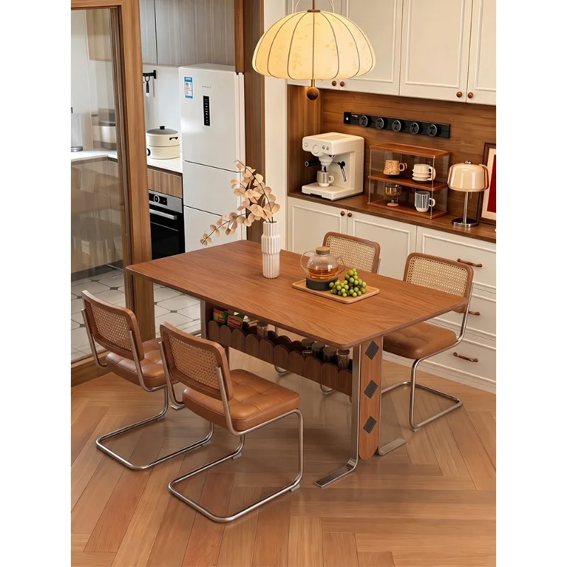 French retro rock slab dining table, household medieval solid wood stainless steel foot Bauhaus dining table