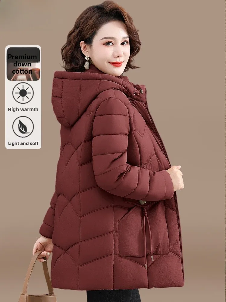 

Red down Cotton Jaet for Middle-Aged Women Winter Warm Outerwear Faionable Loose Sle Polyester Fiber Hooded Zipper Closure