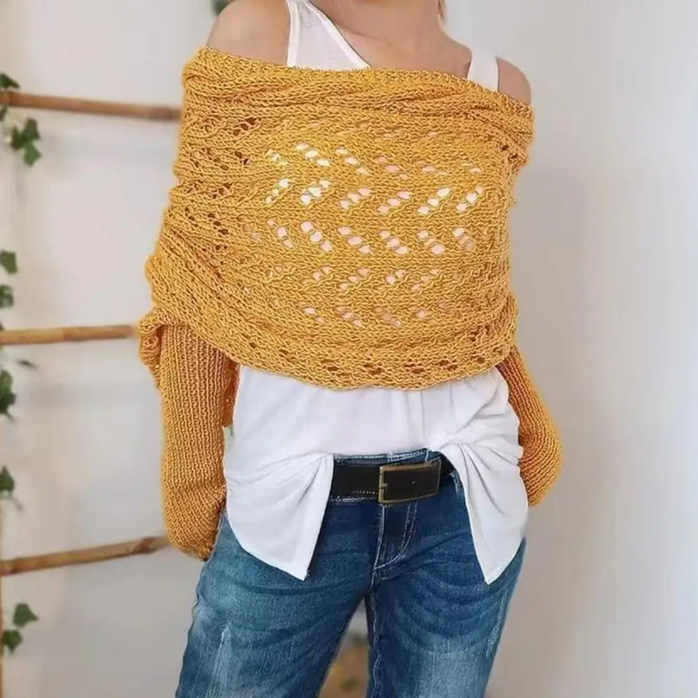 Wide Knitted Shawl Wrap Breathable Knit Scarf Wrap Knitted Cable Sweater Scarf with Sleeves for Women Multi-use Wrap Shawl