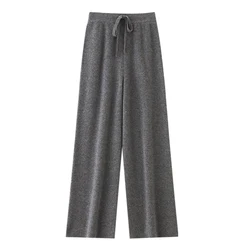 100% merino wool women's knitted trousers, popular, fashionable, warm, wide-leg pants, new autumn and winter 2024