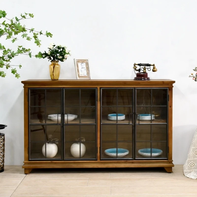 

American retro wrough solid wood dining industrial wind storage, kitchen dining cabinet, large-capacity glass cabinet furniture