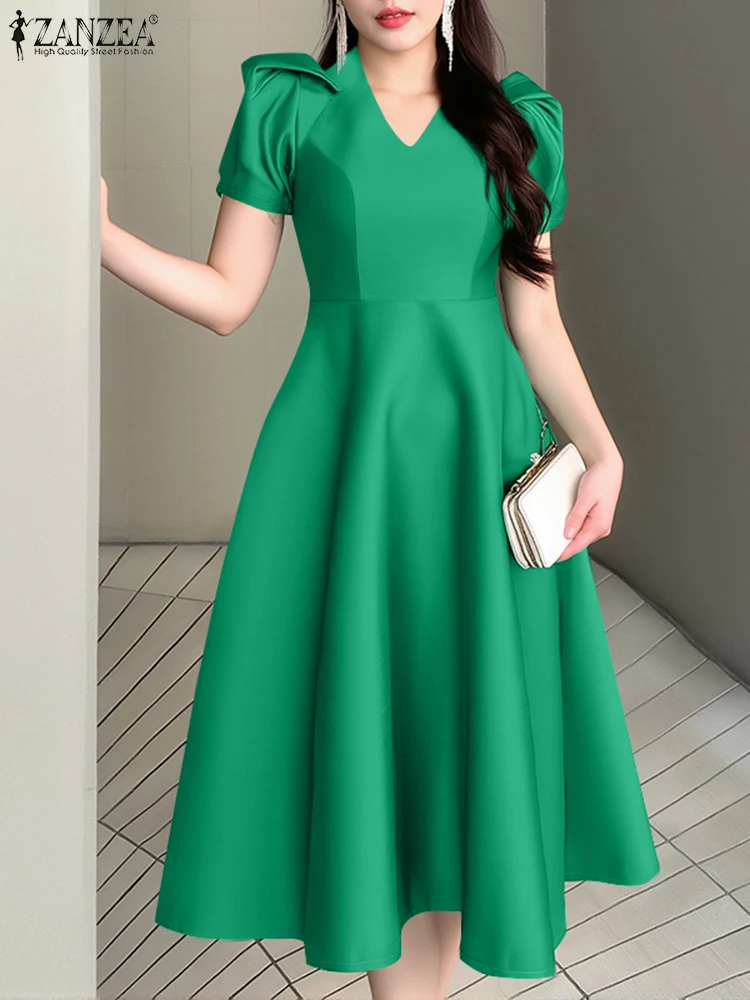 ZANZEA Women Fashion Party Dresses Short Puff Sleeve Glossy Satin Elegant V-Neck A-line Robes Femme High Waisted Midi Vestidos