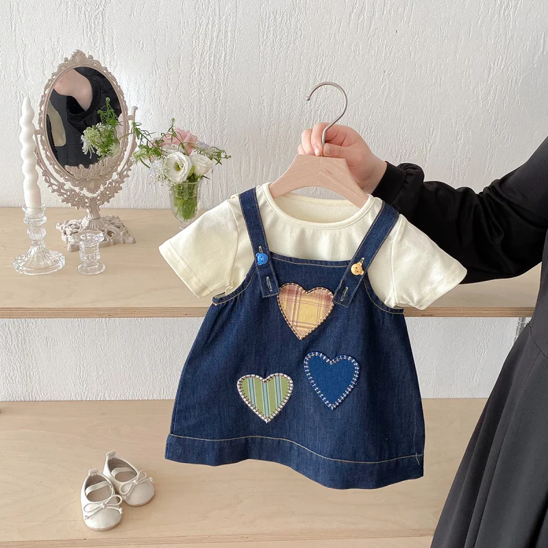 

Dianxi Baby Girl Denim Dress Summer New Fashionable Solid Color Vest Dress for GirlsTT-shirt Two-Piece Set