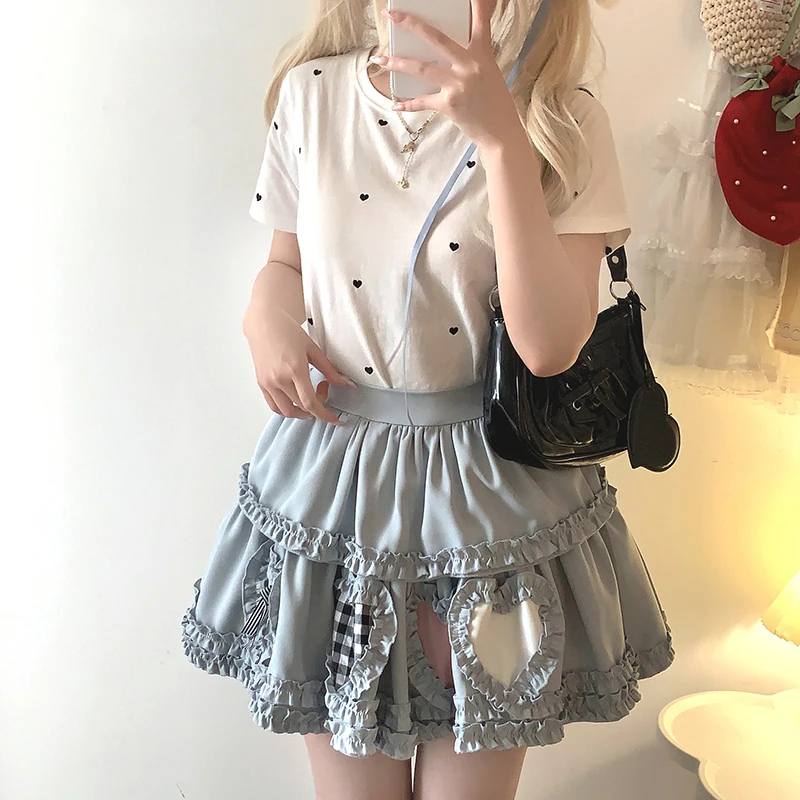 Cute Skirts Women Summer Elastic Waist Heart Shape Mini Skirt for Sweet Girls Kawaii Clothes