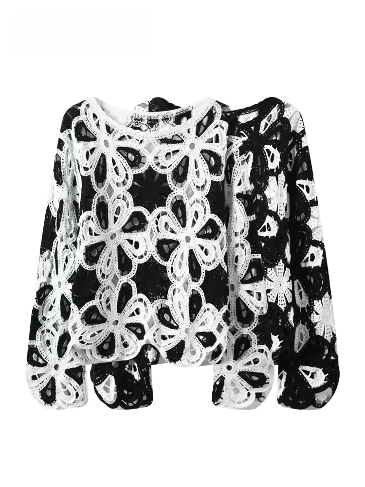 

Loose round Ne Hollow out Top for plus Size Women Spring Faion Design Korean Sle Knitted Cardigan Long Sve Polyester