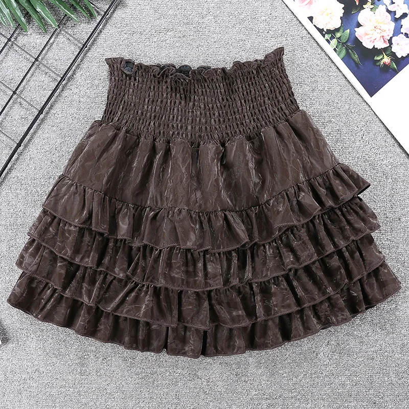 2025 PU Leather Japanese Lolita Kawaii Skirts Women Lace Korean Sweet Cake Skirt Female Black Elastic Skinny Princess Cute Skirt