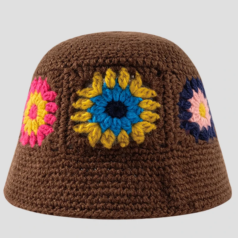 2023 Bucket hat women vintage handmade knitted flower wool bucket hat female autumn winter fisherman hat fashion warm basin hat