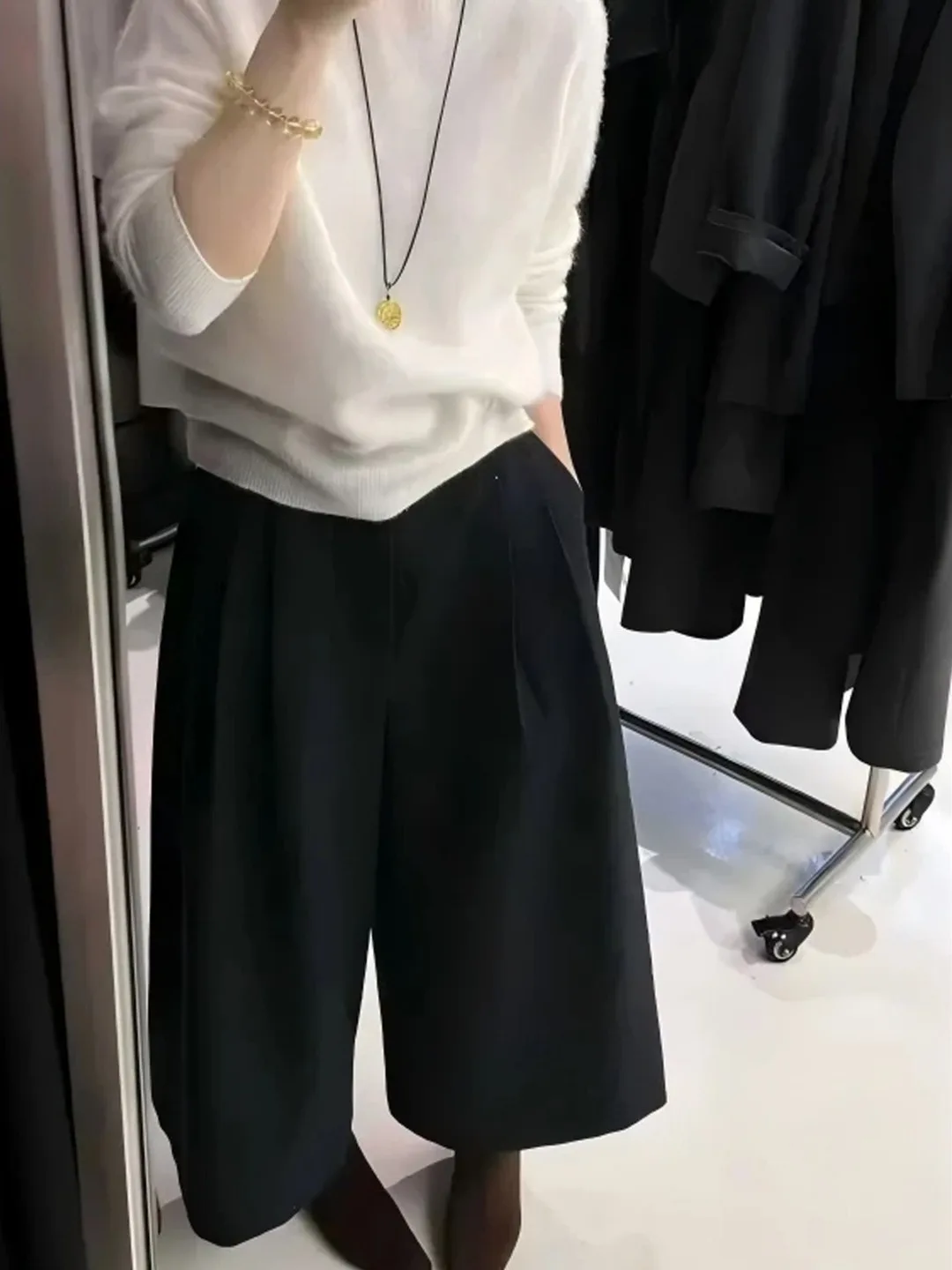 グレーウールワイドレッグパンツ秋冬厚手ルーズスリムナインポイントパンツハイウエストストレートチューブカジュアルパンツ