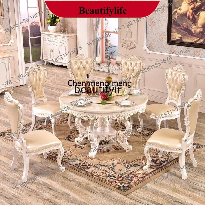 z183  European marble dining table, American luxury restaurant solid wood carving flower belt turntable household, round table