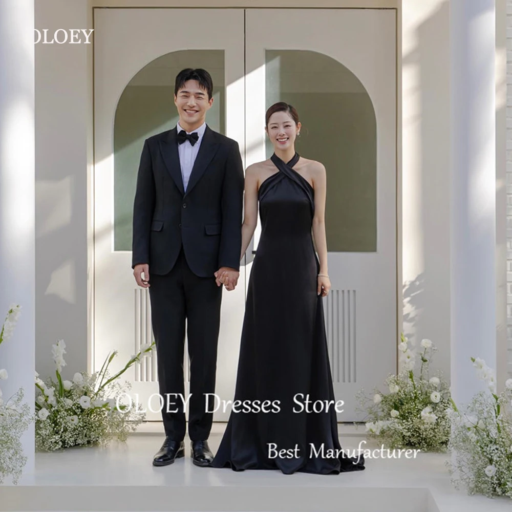 OLOEY Simple Black Korea Evening Dresses A Line Halter Soft Satin Floor Length Wedding Party Dress Long Formal Party Gowns