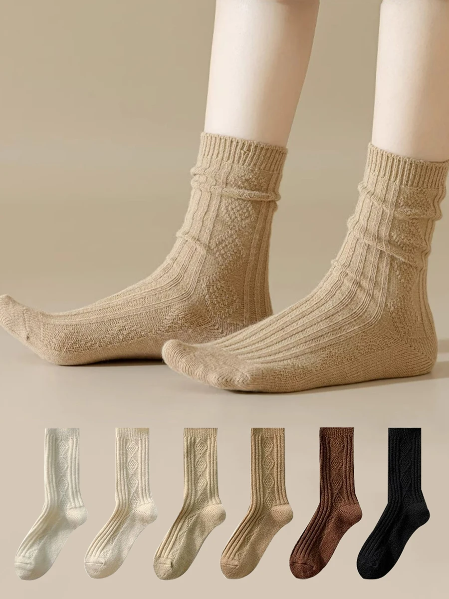 3 Pairs Of Autumn And Winter Women's Cashmere Thick Soft Solid Color Warm Multi-color Diamond Pattern Middle Tube Socks