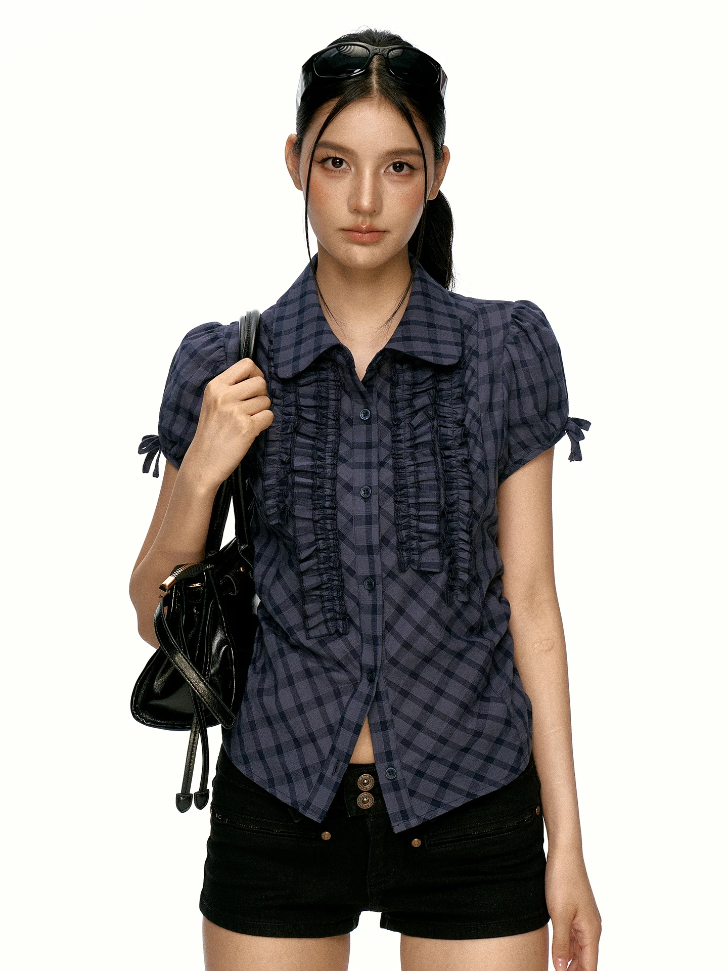 Aaisup Korean Style Plaid Bubble Sleeve Shirt Women's Slim Fit Summer Design Earlet Lace Waist Cinching Top  Knot