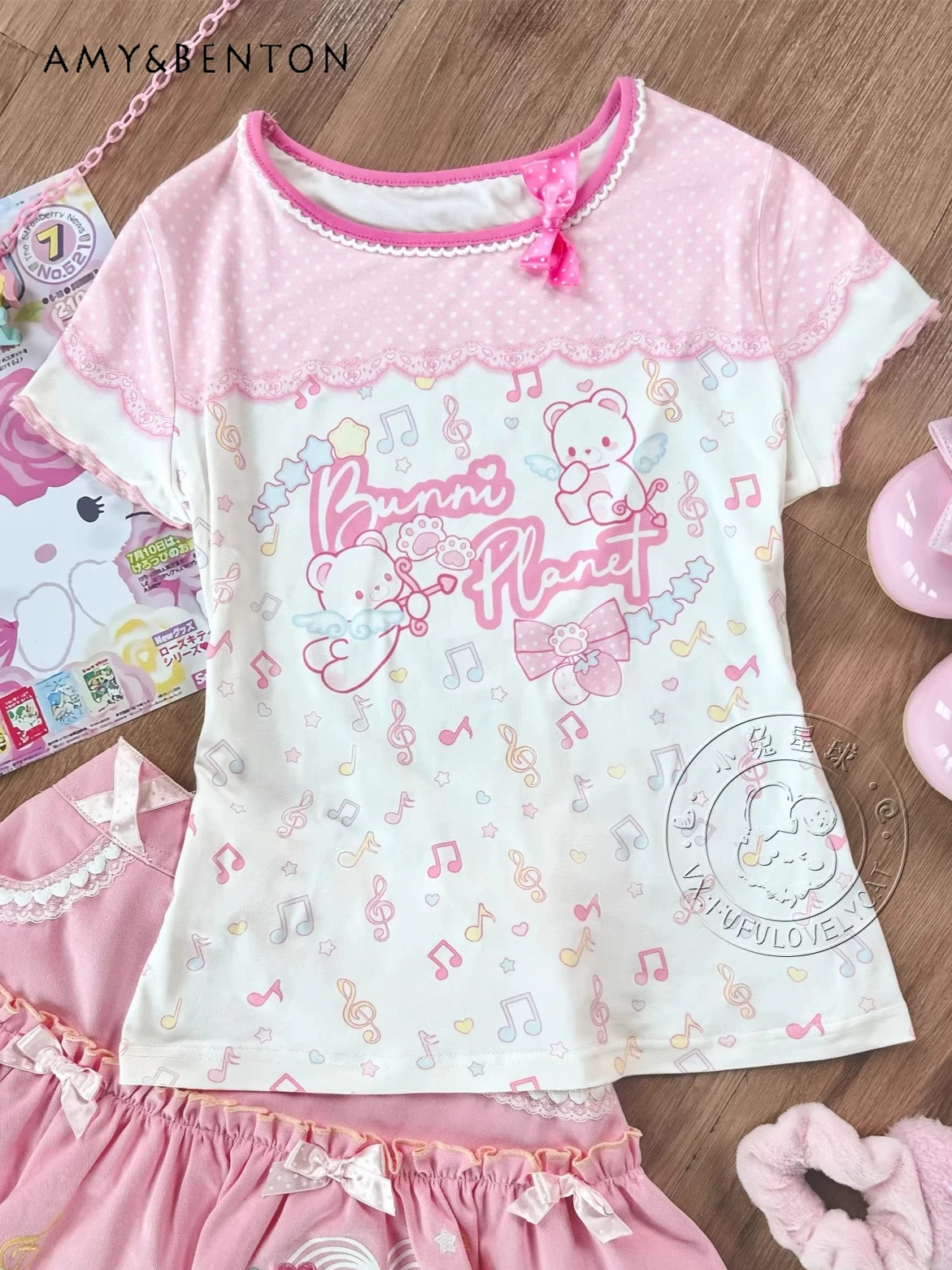 

Kawaii Polka Dot Cartoon Printed Short-sleeved Top Japanese Sweet Cute Sexy Slim Short Top Japanese Second-dimensional Girl Tops