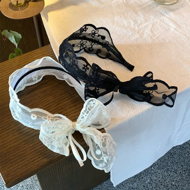 

Французская сетчатая повязка на голову с бантом-бабочкой, кружевная повязка на голову с широким краем, летняя растягивающаяся повязка на голову в деревенском стиле, аксессуары для укладки волос