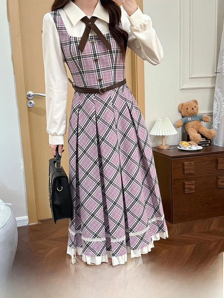 

Academy Style Plaid Long Sleeve Fake Two-Piece Dress Women Autumn Cotton Gingham Patchwork Skirt Long Dress Ladies Daily Wear
