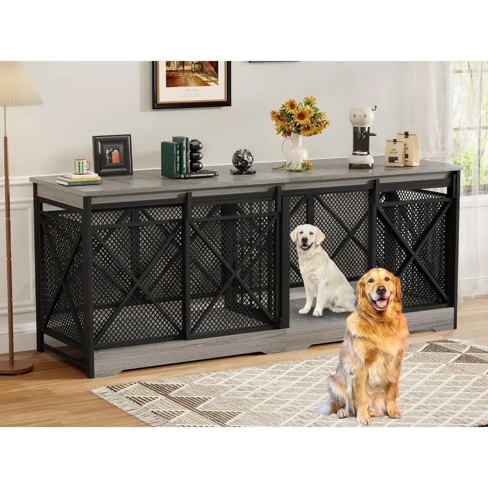

78 Heavy-Duty Steel & Wood Dog Crate, XL for 2 Medium-Large Dogs, Indoor/Outdoor, Removable Divider, Grey