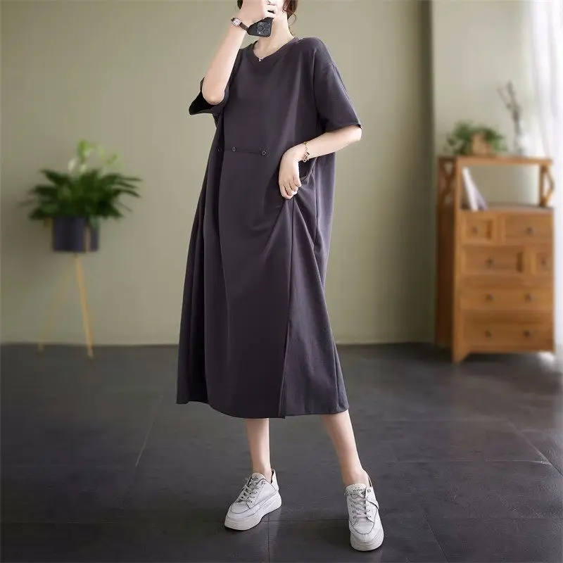 Short Sleeved Dress For Women's 2023 Summer Casual O-Neck Oversized Loose T-Shirt Dress Z1018