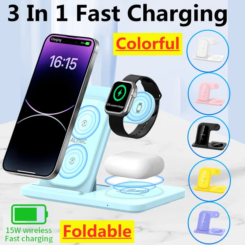 3 In 1 Fast Wireless Charger Stand Pad Phone Charging Station Dock Holder For iPhone 15 14 13 12 Pro Max Apple Watch AirPods 3/2