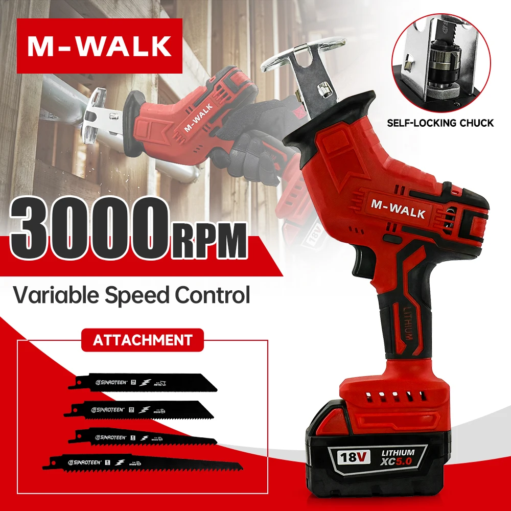 

M-WALK 18V Electric Reciprocating Saw For 18V Milwaukee Battery Pin Cutting Wood Plastic PVC Pipe 3500RPM Handheld saw