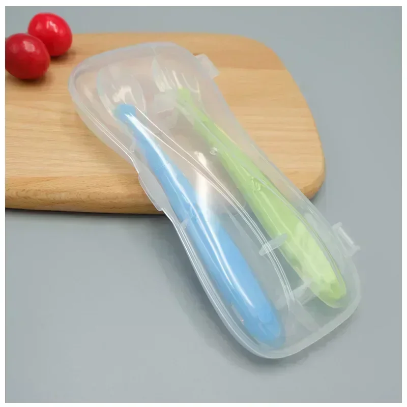 Conjunto de colher de silicone macio infantil, bebê aprendendo a comer, colher de treinamento, caixa de plástico PP, caixa de talheres, 1 2 peças