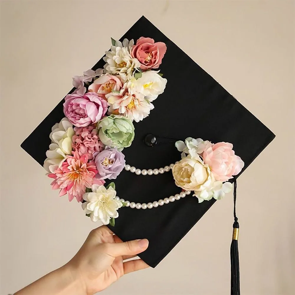 

Durable Doctor Flowers Graduation Cap Master Bachelor Academic Hat with Tassels Charm Ornament Fringe Mortar Board College