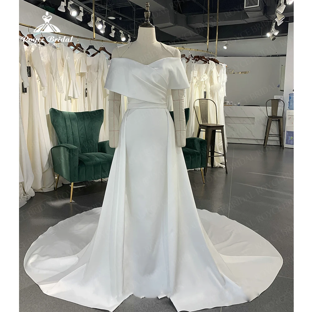 Simple Off The Shoulder Wedding Dress Pleat Sleeveless Satin A Line Vestido De Noiva Back Zipper Court Train Bridal Dress