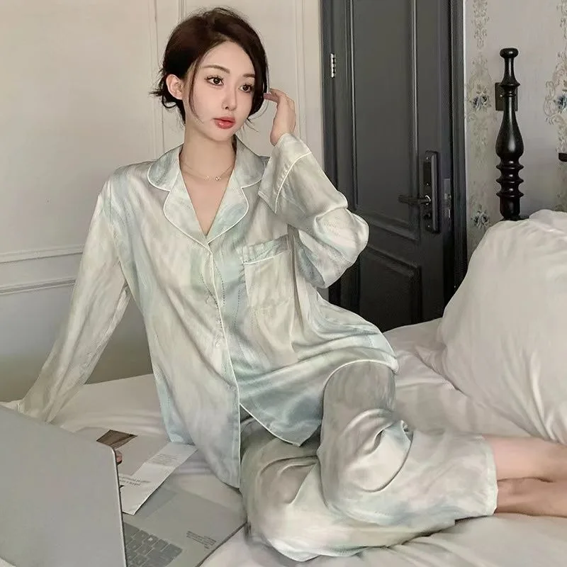 2024 Women High Sense Ice Silk Long Sleeve Pajamas Spring and Autumn New Female Cardigan Thin Homewear Casual Nightclothes Suit