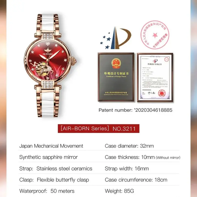 OUPINKE 3211 Automatic Watch for Ladies Hollow out Diamond Deer Design Ceramic Strap Waterproof Luminous Ladies' Watches NEW
