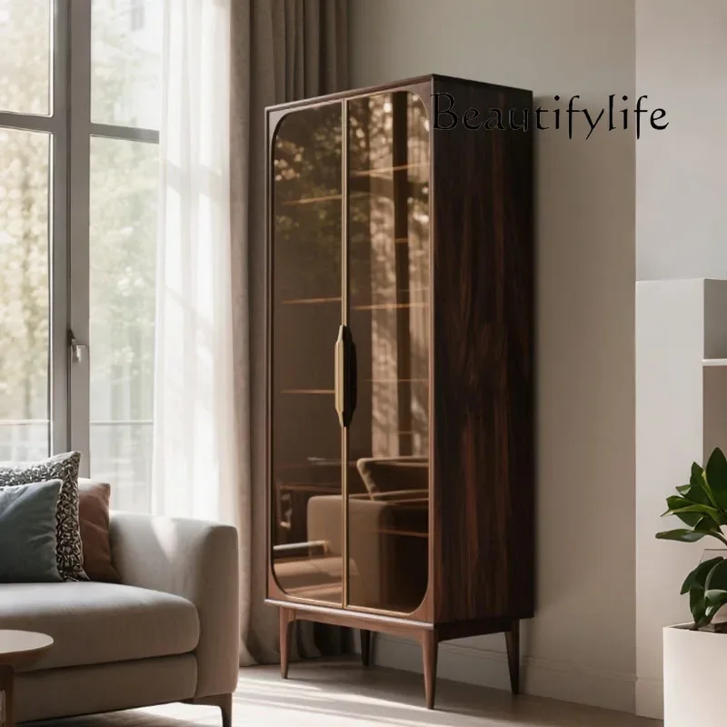 XR New Chinese-style North American Black Walnut Bookcase, Living Room Glass Door Wine Cabinet, Minimalist Solid Wood Display
